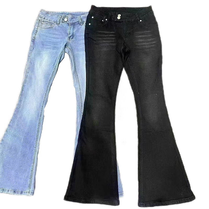 Closeout Stock Ladies Stretch Flared Denim Jeans Pants with Bell Bottoms and Five Pockets