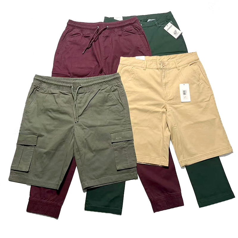 Stock Lot Mens Cotton Twill Woven Fabric Cargo Chino Bermuda Long Pants and Short Pants